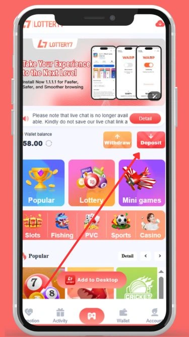 Click on the deposit button
